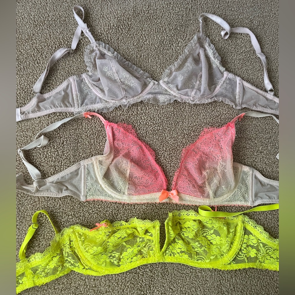 Victoria's Secret Gray, Pink, and Yellow Lace Bras